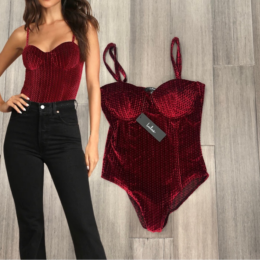 Lulus Flirty Feelings Burgundy Velvet Bustier Bodysuit | Size Small NWT